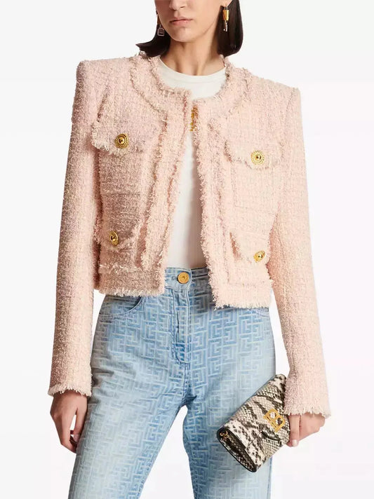 Collarless Tweed Jacket in Light Pink - Branna Couture