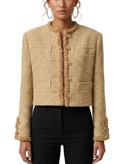Collarless Tweed Jacket with Gold Trim and Patch Pockets - Small - Jackets