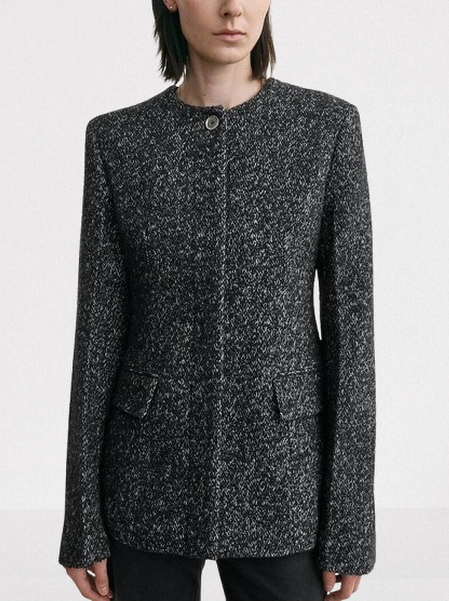 Collarless Wool-Blend Tweed Blazer - Small - Jackets