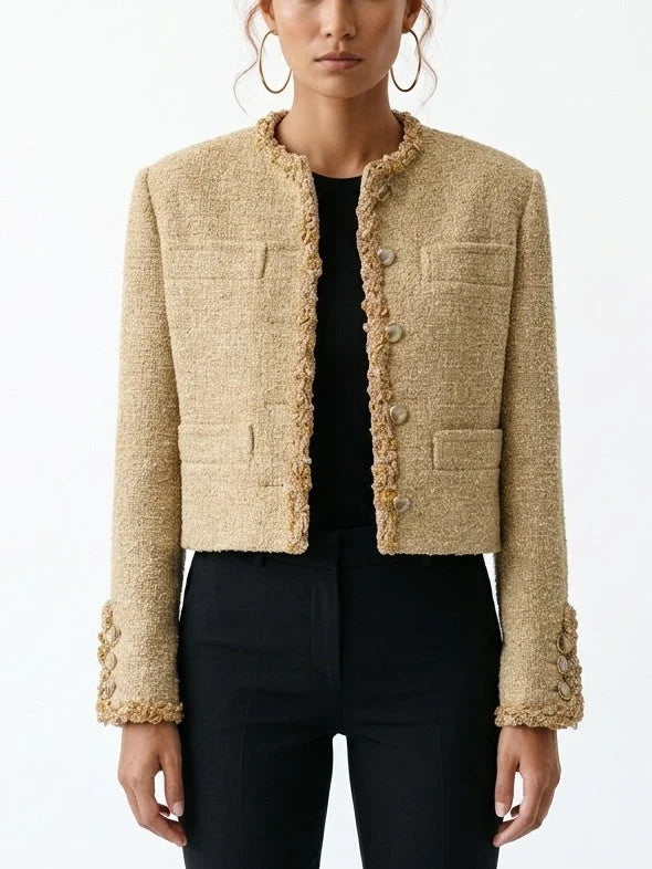 Collarless Tweed Jacket with Gold Trim and Patch Pockets - Jackets