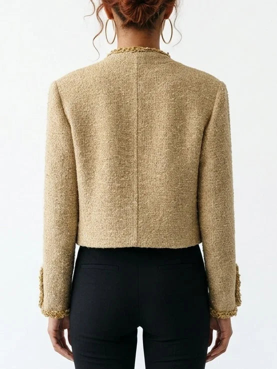 Collarless Tweed Jacket with Gold Trim and Patch Pockets - Jackets