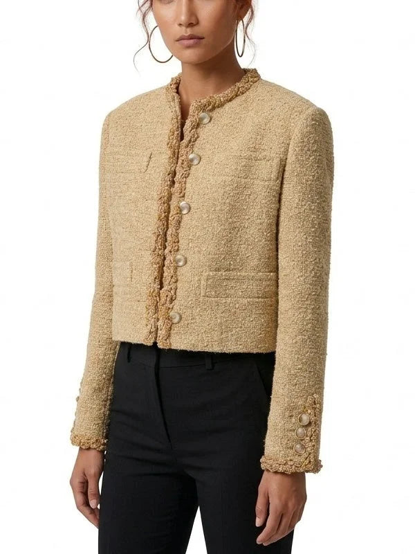 Collarless Tweed Jacket with Gold Trim and Patch Pockets - Jackets