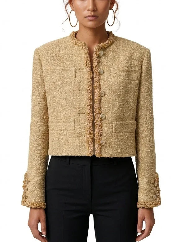 Collarless Tweed Jacket with Gold Trim and Patch Pockets - Jackets