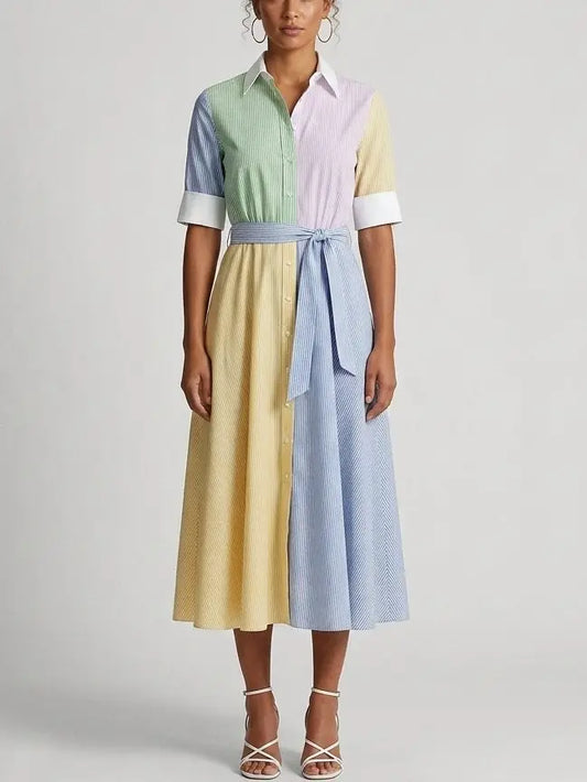 Color-Block Striped Button-Front Midi Shirt Dress - S - Dresses