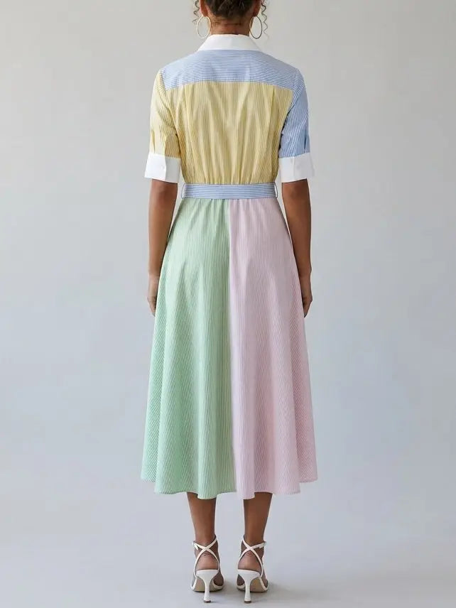 Color-Block Striped Button-Front Midi Shirt Dress - Dresses