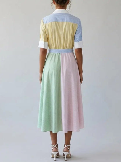 Color-Block Striped Button-Front Midi Shirt Dress - Dresses