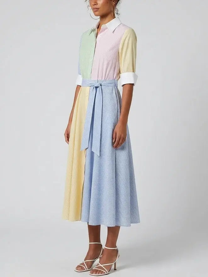 Color-Block Striped Button-Front Midi Shirt Dress - Dresses