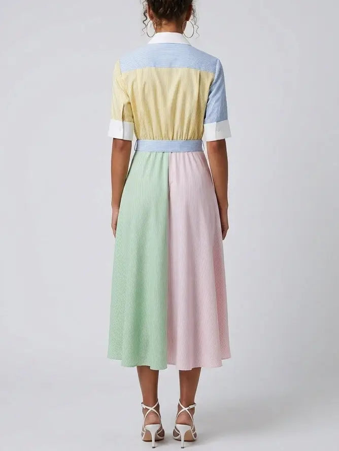 Color-Block Striped Button-Front Midi Shirt Dress - Dresses