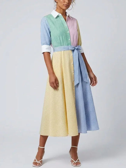 Color-Block Striped Button-Front Midi Shirt Dress - Dresses