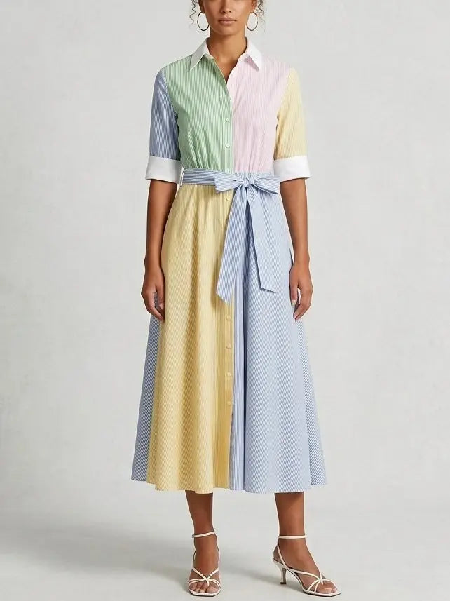 Color-Block Striped Button-Front Midi Shirt Dress