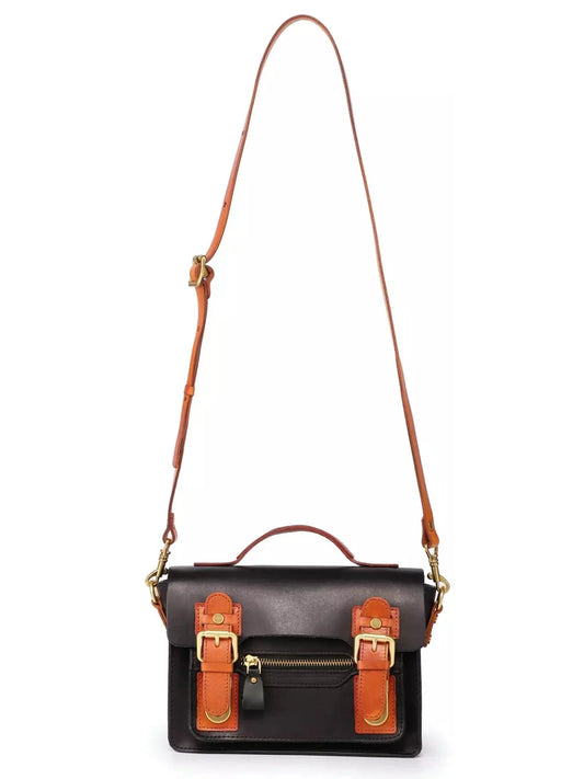 Color Contrast Mini Leather Satchel Bag in Black and Tan Leather - Branna Couture