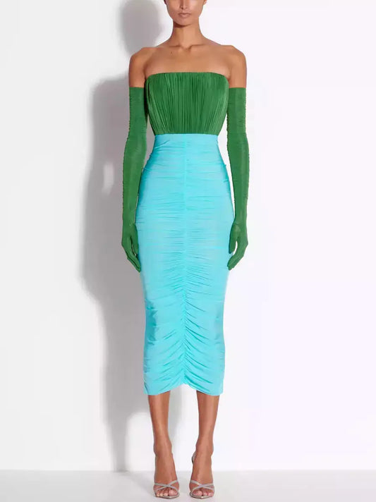 Color-Contrast Strapless Ruched Midi Dress with Long Gloves - Branna Couture