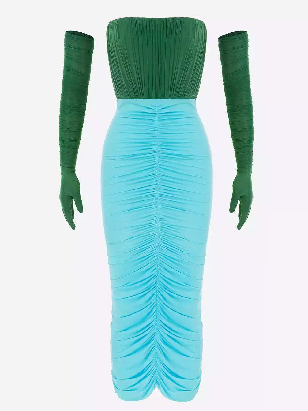 Color-Contrast Strapless Ruched Midi Dress with Long Gloves - Branna Couture