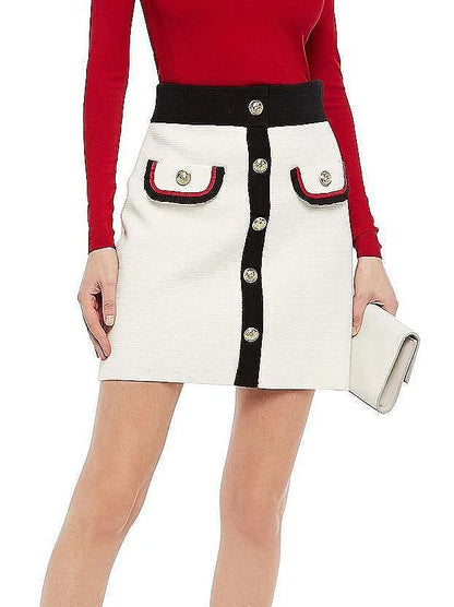 Color-Contrast Knit Mini Skirt with Buttons - Small - Skirts