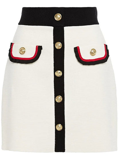 Color-Contrast Knit Mini Skirt with Buttons - Skirts