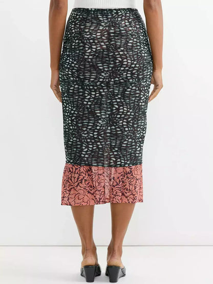 Color-Contrast Layered Mixed Print Midi Skirt - Skirts