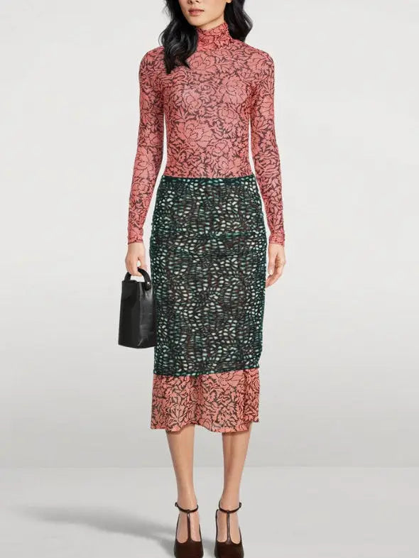 Color-Contrast Layered Mixed Print Midi Skirt - Skirts