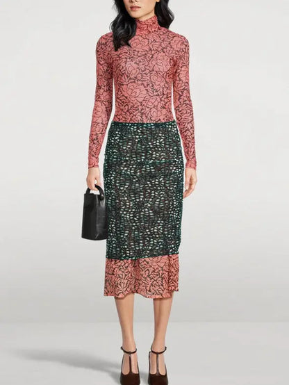 Color-Contrast Layered Mixed Print Midi Skirt - Skirts
