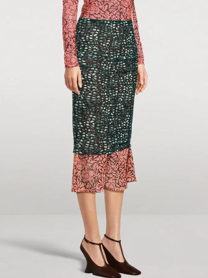 Color-Contrast Layered Mixed Print Midi Skirt - Skirts