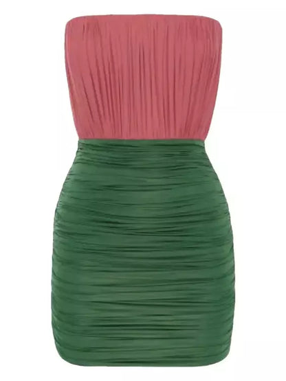 Color-Contrast Strapless Ruched Mini Dress with Long Gloves