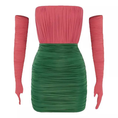 Color-Contrast Strapless Ruched Mini Dress with Long Gloves
