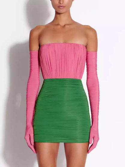 Color-Contrast Strapless Ruched Mini Dress with Long Gloves