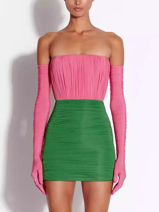 Color-Contrast Strapless Ruched Mini Dress with Long Gloves