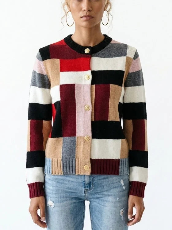 Color Block Cashmere Blend Button Front Cardigan - Small - Sweaters & Knitwear