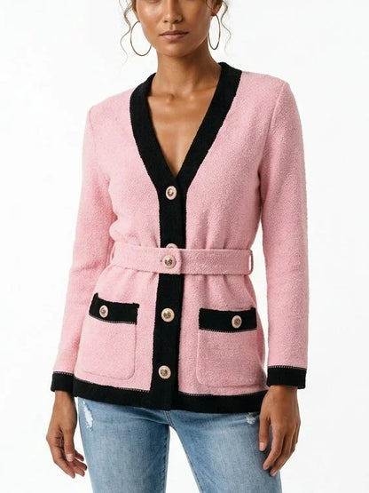 Color Contrast Belted Boucle Knit Cardigan - S / Pink - Sweaters & Knitwear