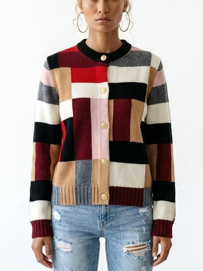 Color Block Cashmere Blend Button Front Cardigan - Sweaters & Knitwear