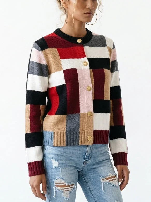 Color Block Cashmere Blend Button Front Cardigan - Sweaters & Knitwear