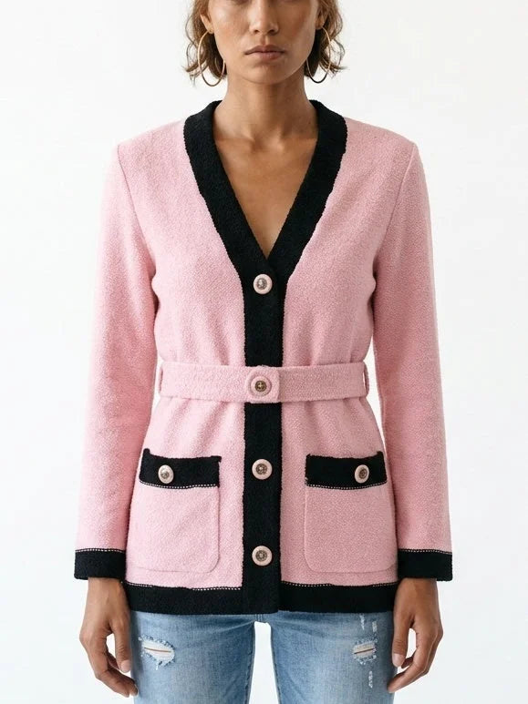 Color Contrast Belted Boucle Knit Cardigan - Sweaters & Knitwear