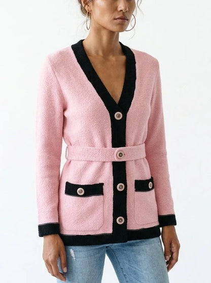 Color Contrast Belted Boucle Knit Cardigan - Sweaters & Knitwear