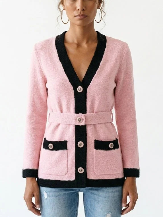 Color Contrast Belted Boucle Knit Cardigan - Sweaters & Knitwear