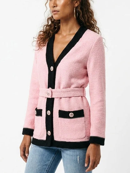 Color Contrast Belted Boucle Knit Cardigan - Sweaters & Knitwear