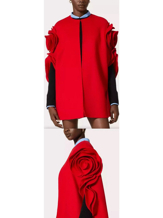 Compact Cape Coat with Rose Applique Detail in Red - Branna Couture