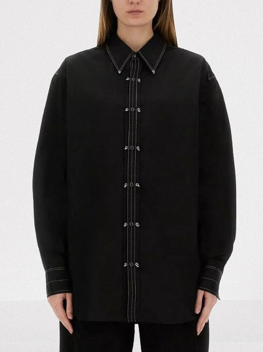 Contrast-Stitching Black Shirt with Metal Button Closure - XS - Tops