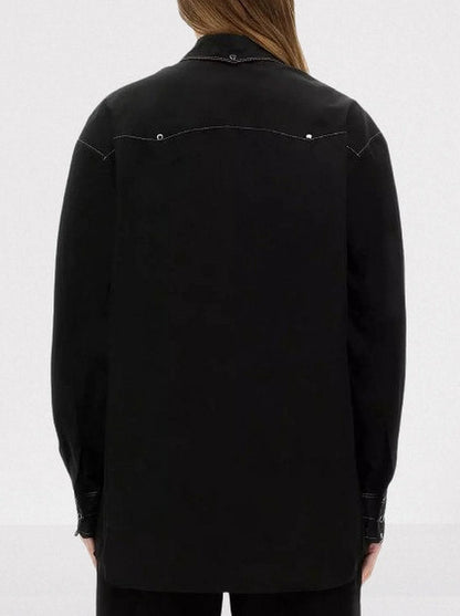 Contrast-Stitching Black Shirt with Metal Button Closure - Tops