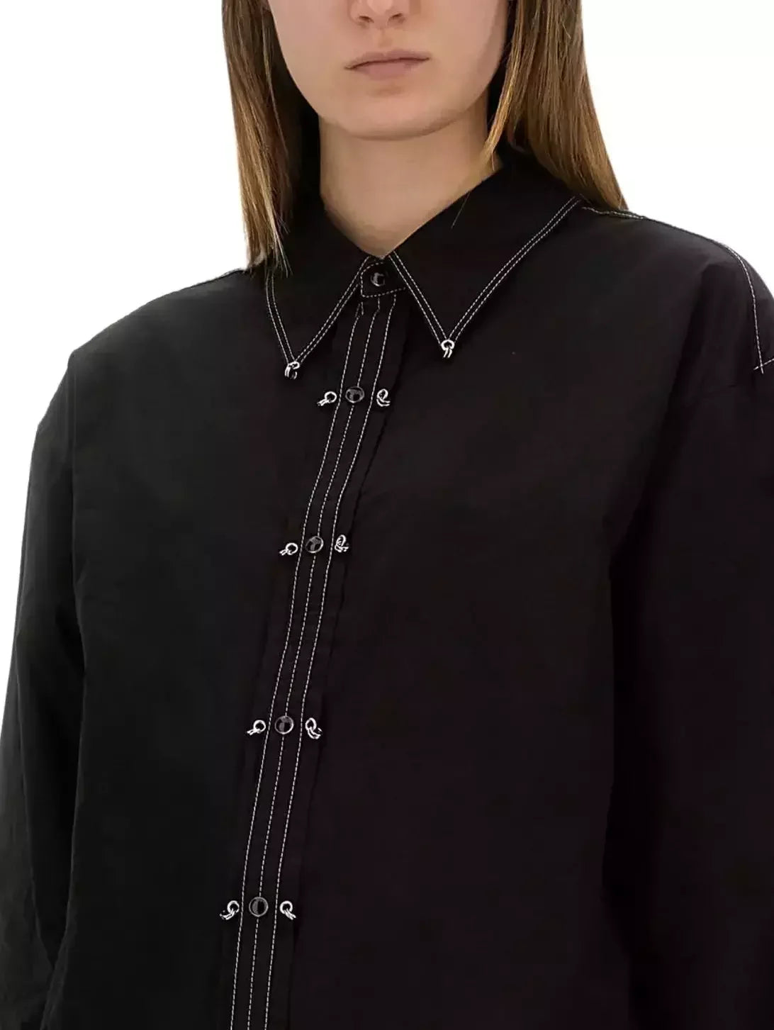 Contrast-Stitching Black Shirt with Metal Button Closure - Tops