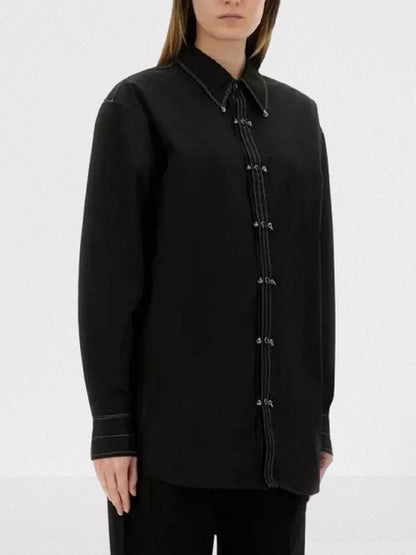 Contrast-Stitching Black Shirt with Metal Button Closure - Tops