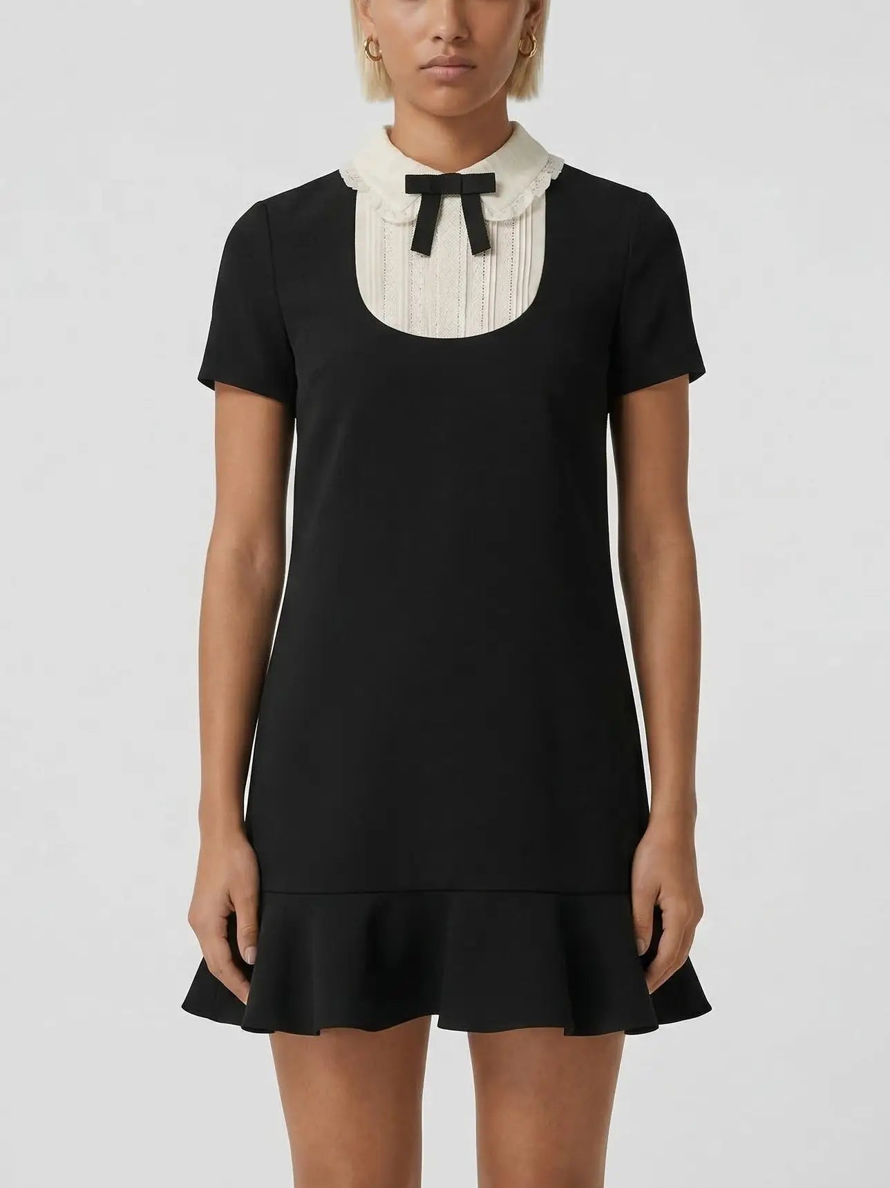 Contrast Collar Bow Bib Mini Dress - XS - Dresses