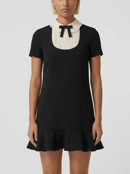 Contrast Collar Bow Bib Mini Dress - XS - Dresses