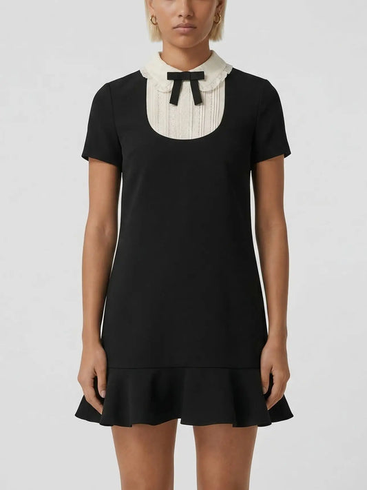 Contrast Collar Bow Bib Mini Dress - XS - Dresses
