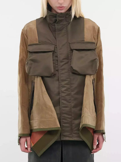 Contrast Draped Cargo-Pocket Nylon Jacket - Small