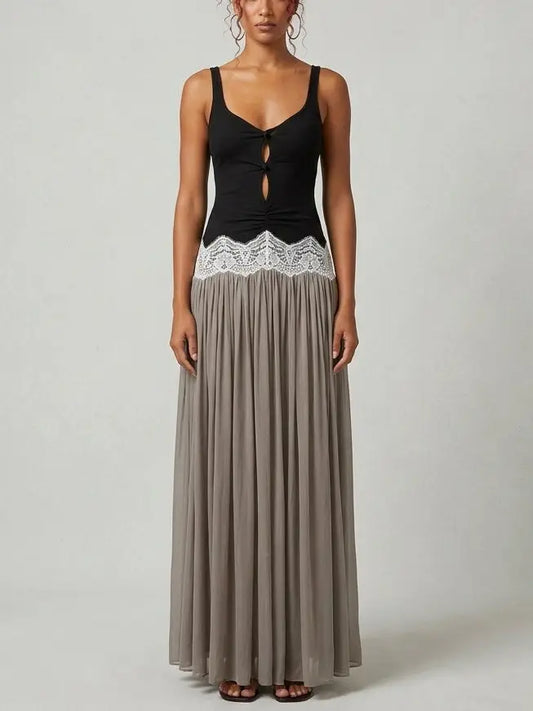 Contrast Lace Waist Pleated Maxi Dress - Small - Dresses