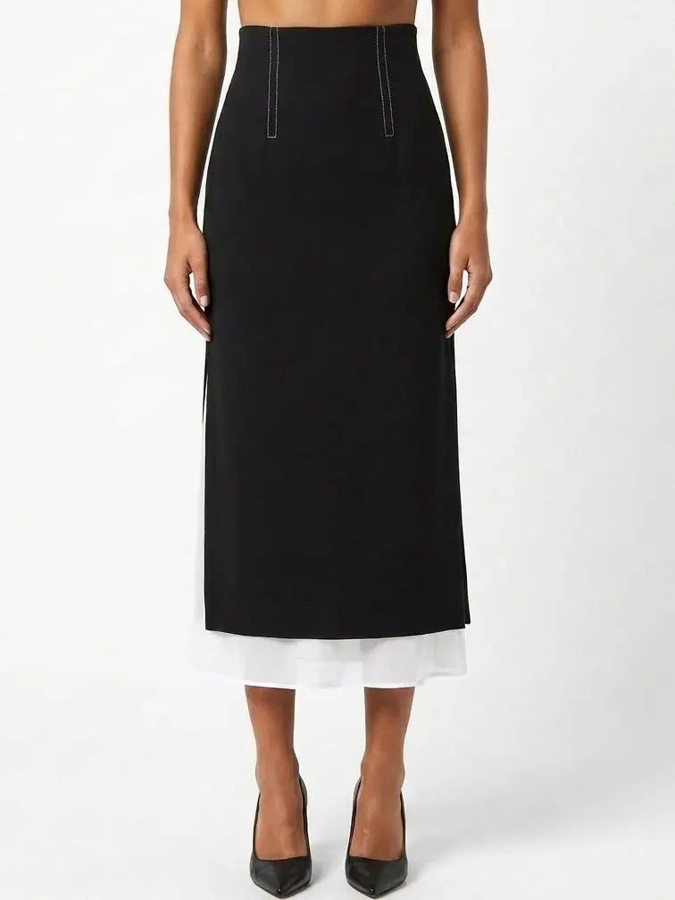 Contrast Layer Midi Skirt with Side Slits - Small - Skirts