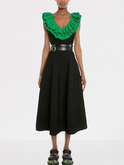 Contrast Ruffle Collar Sleeveless Midi Dress S Dresses