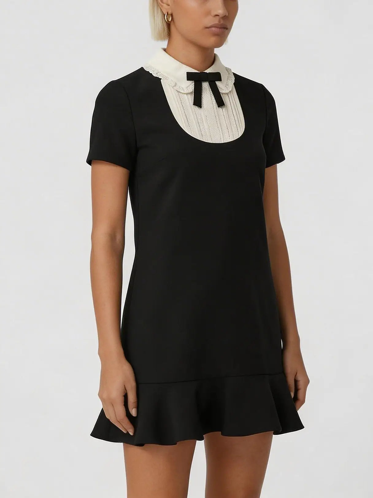 Contrast Collar Bow Bib Mini Dress - Dresses