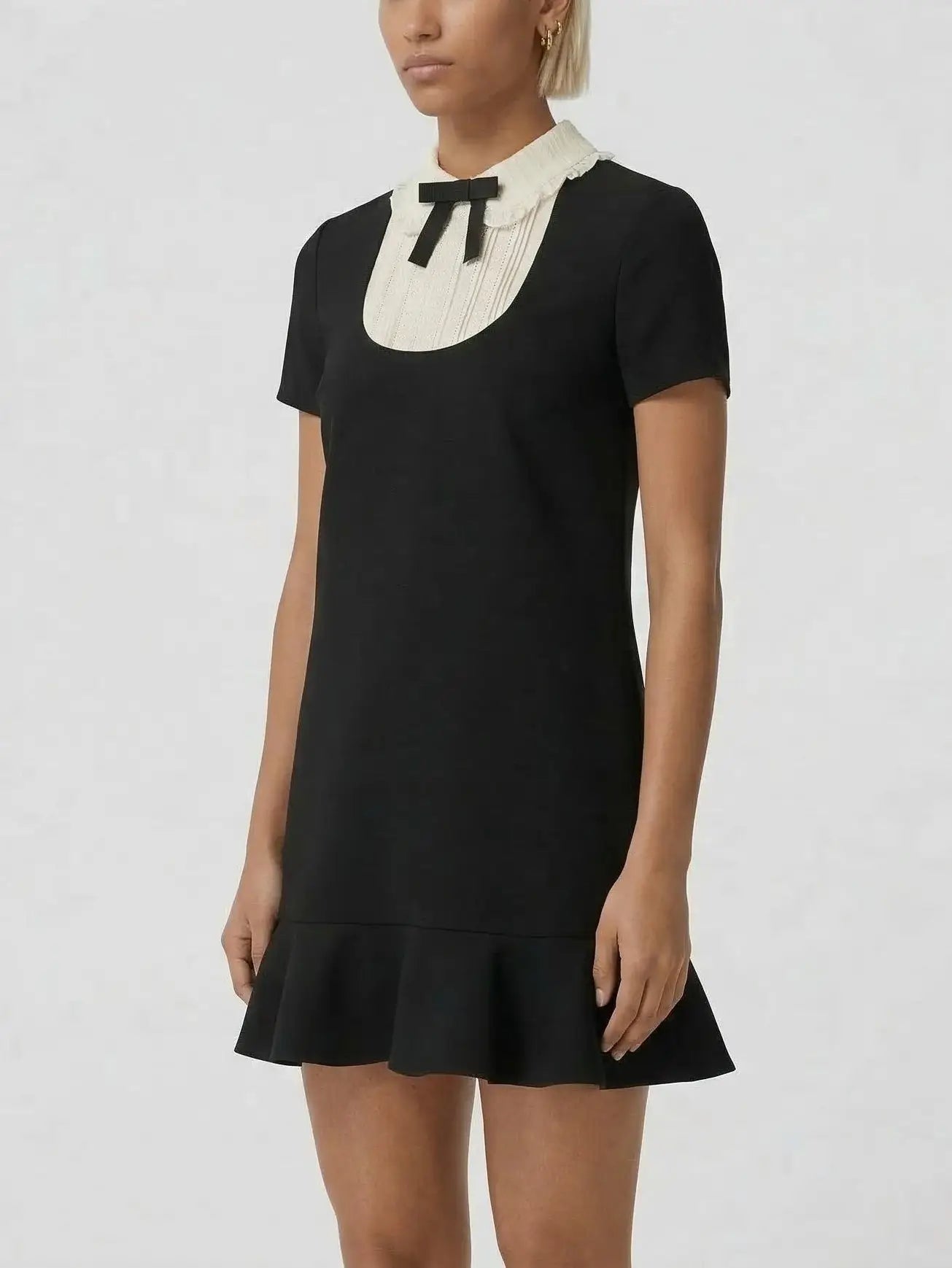 Contrast Collar Bow Bib Mini Dress - Dresses