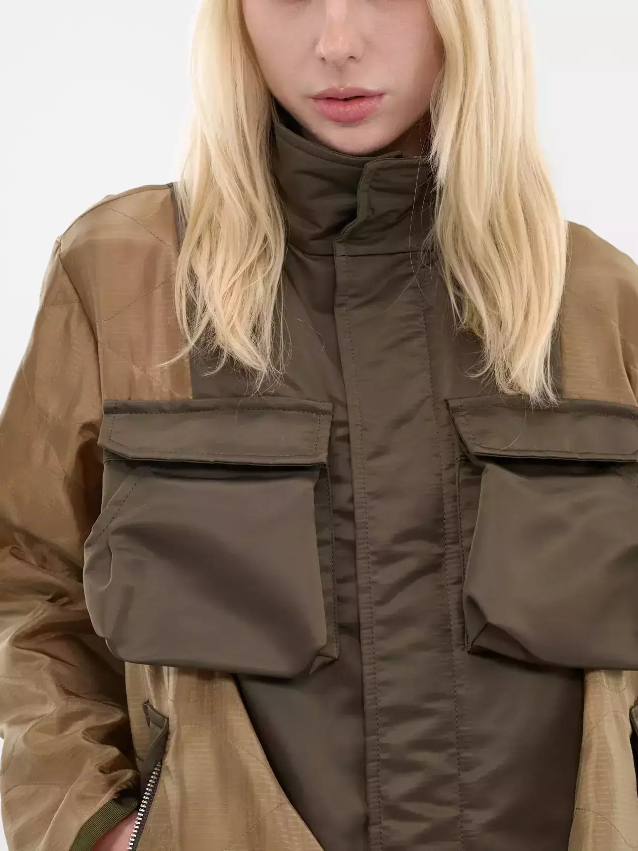 Contrast Draped Cargo-Pocket Nylon Jacket